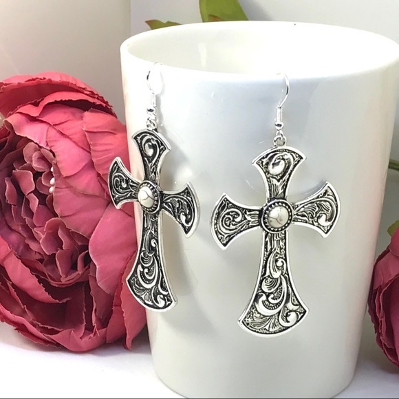 NWT Earrings Silver Cross Southwestern Natural Turquoise Western Rodeo Religion - Picture 2 of 3